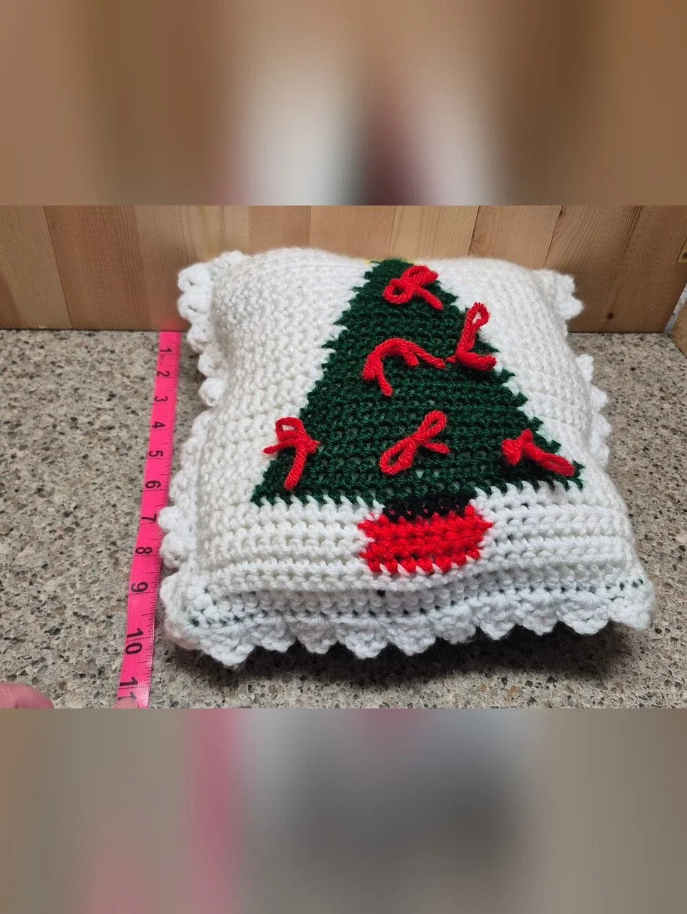 Vintage Hand Crochet Christmas Tree Throw Pillow Ruffled Border Bows Holiday